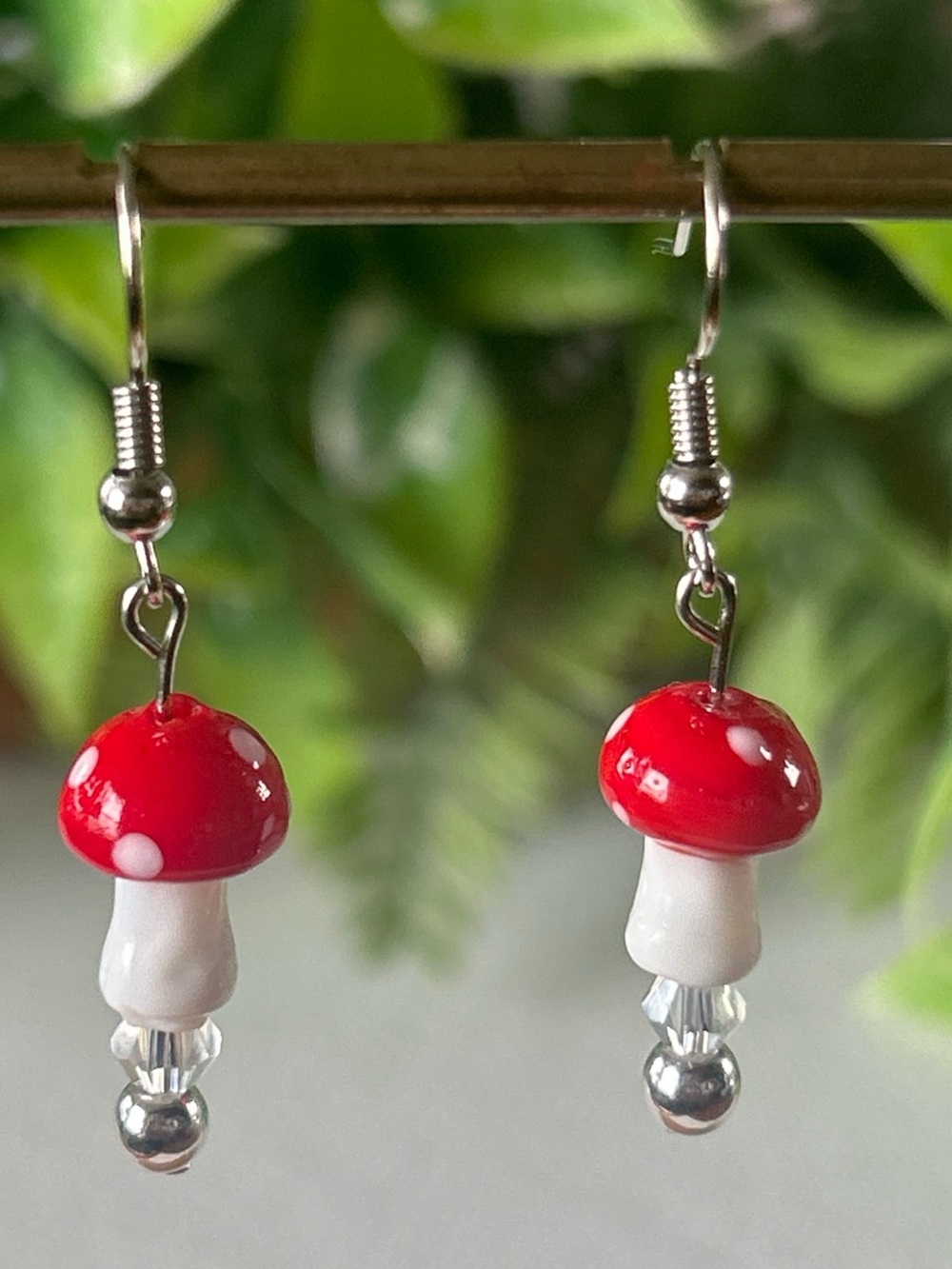 Handmade Red Mushroom + Hematite Drop Earrings in silver